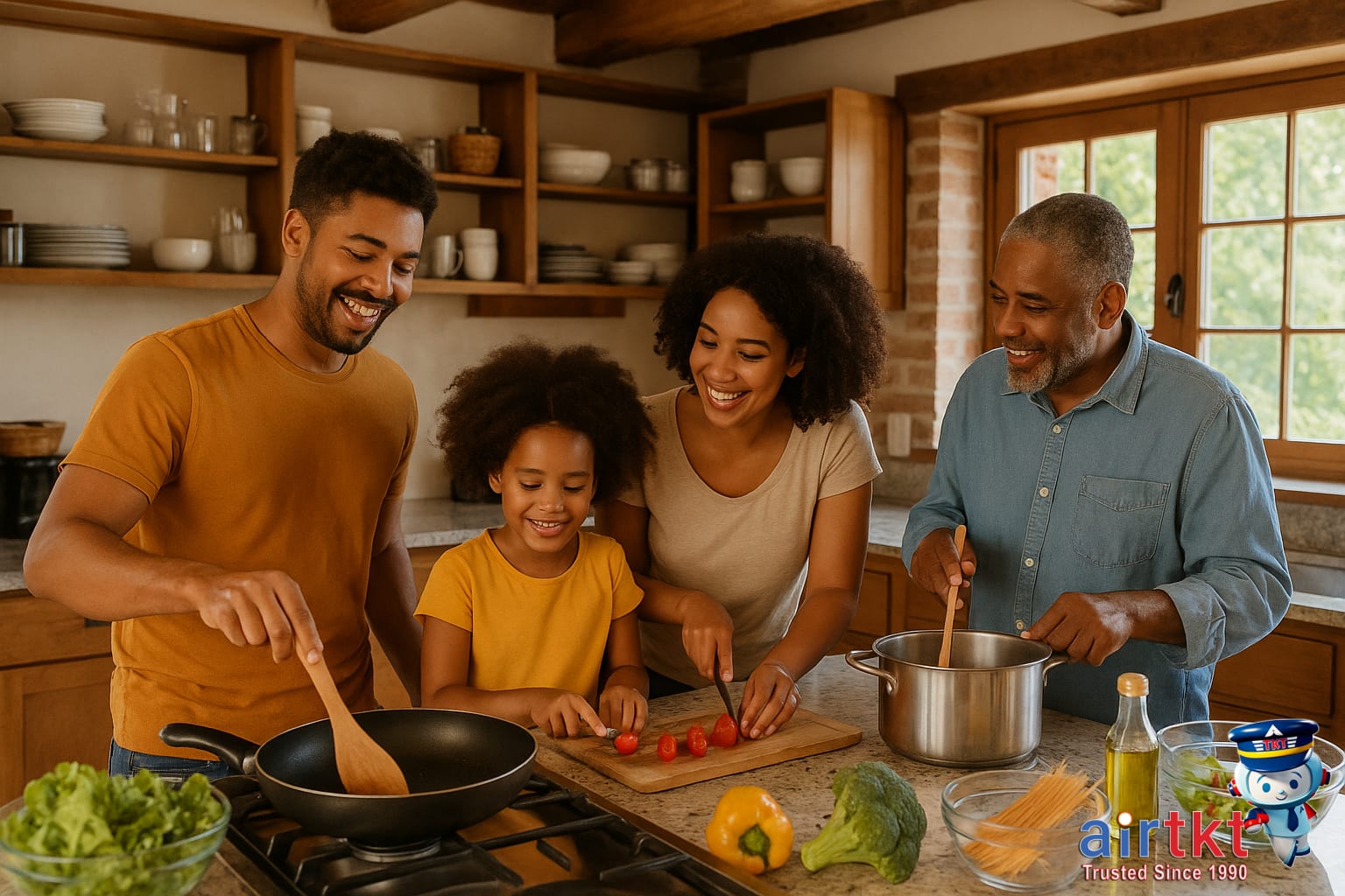 Family enjoying a meal cooked in a vacation rental kitchen