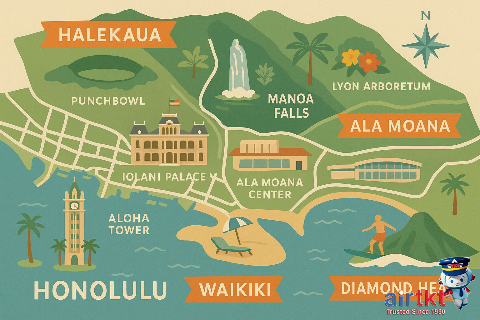 Map illustration of Honolulu neighborhoods with key attractions