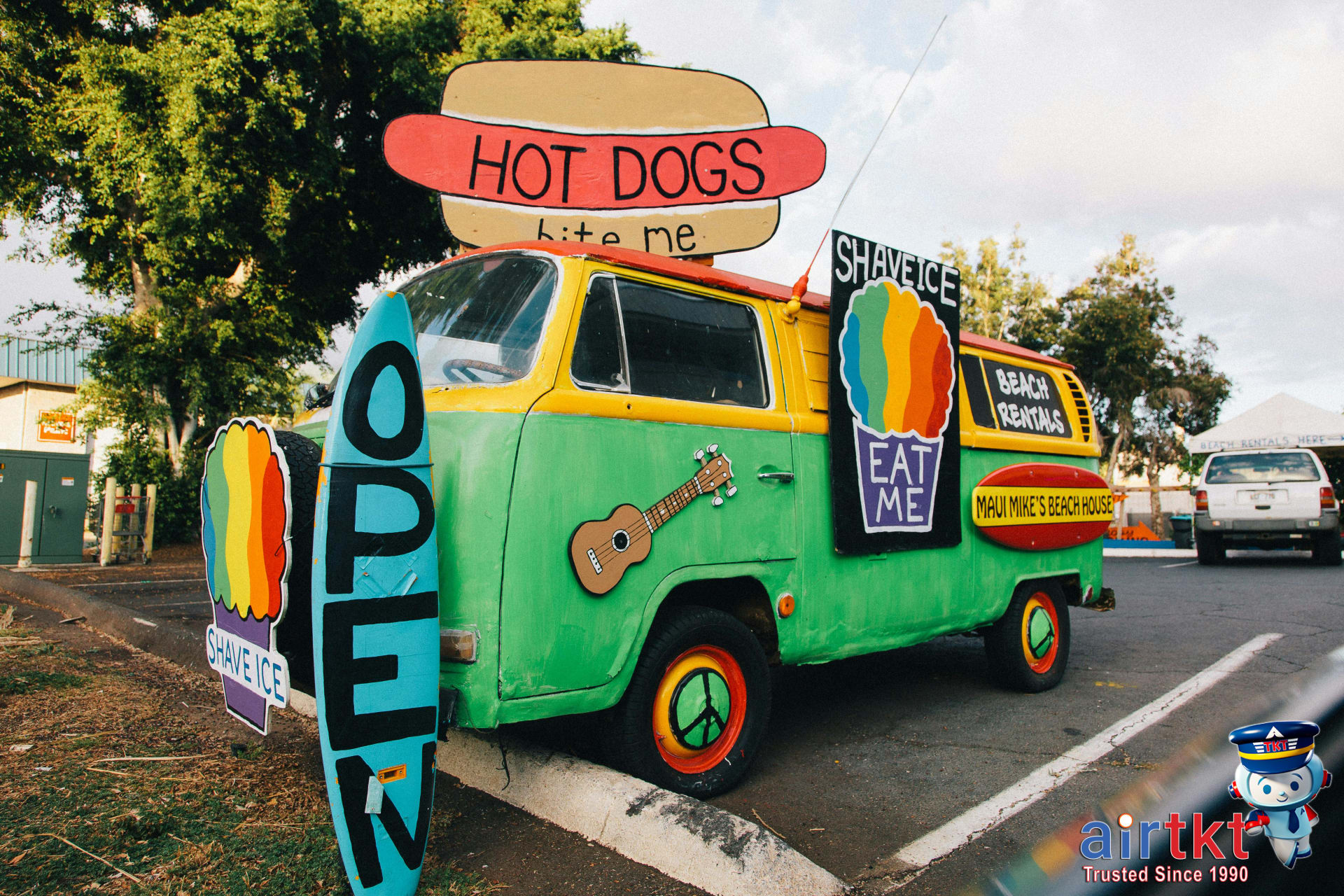 Colorful vintage food truck with local Hawaiian cuisine
