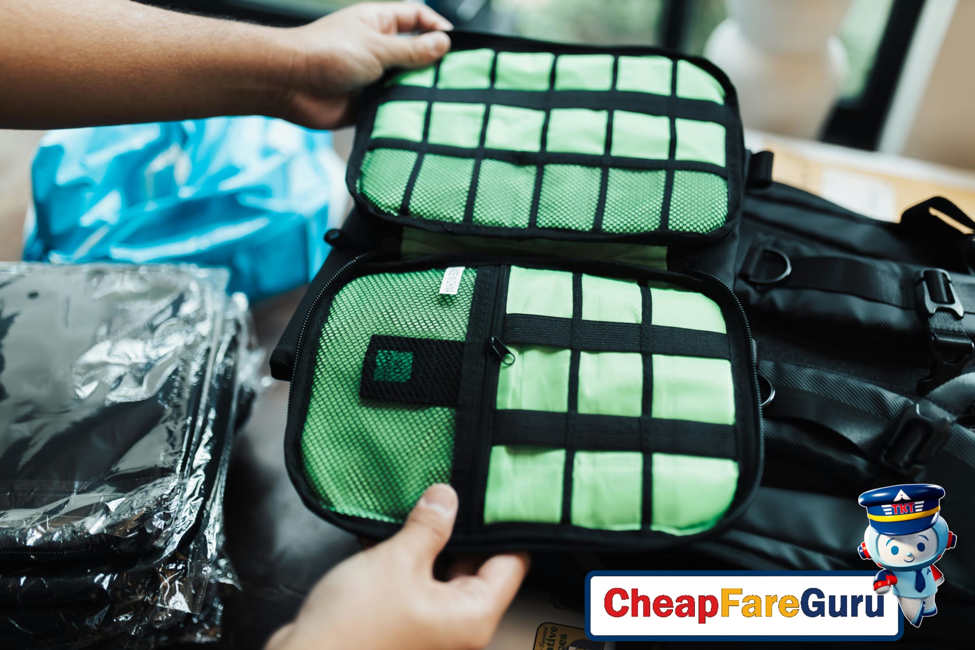 Luggage packed efficiently with cubes and rolled clothes