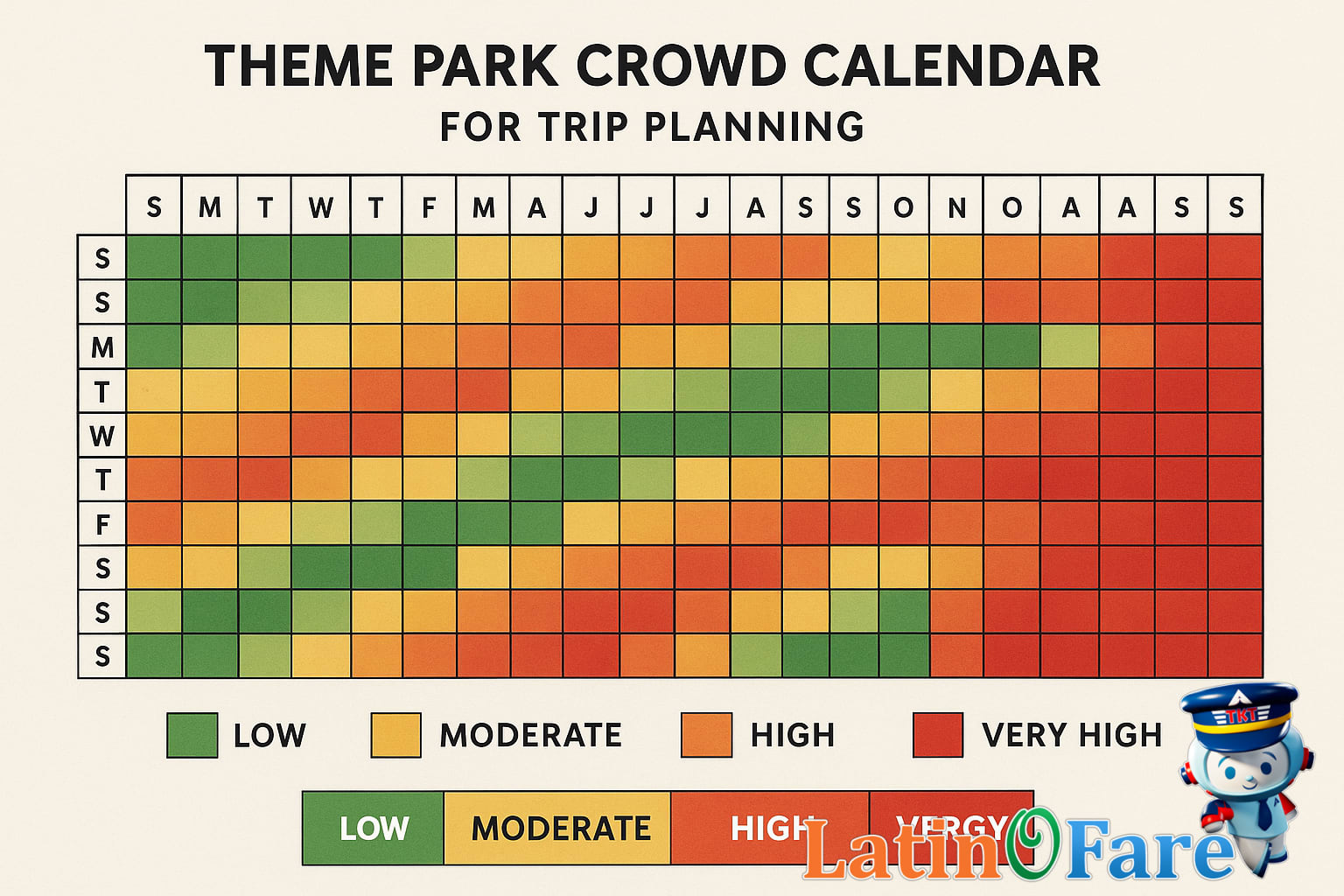 Crowd calendar heatmap showing low and high crowd periods for family travel