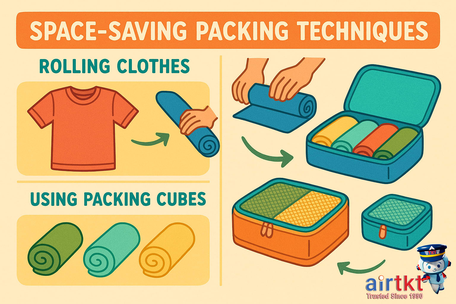 Packed kids' luggage with clothes rolled and organized in packing cubes