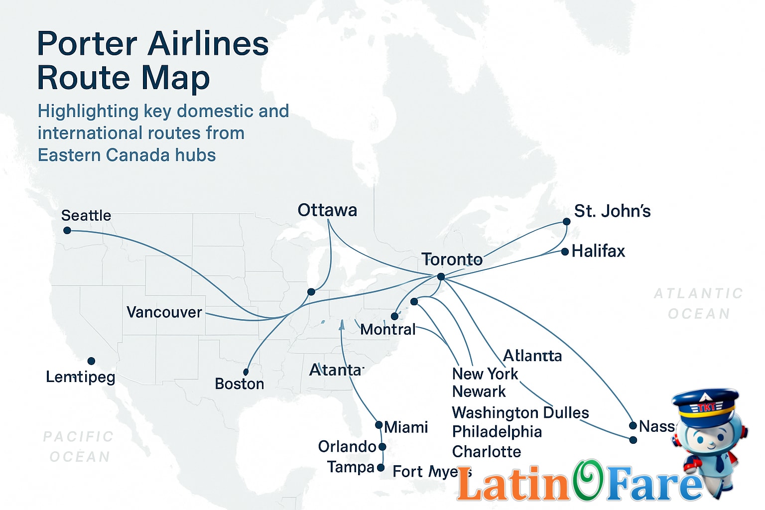 Map showing Porter Airlines' main airports and routes across Eastern Canada