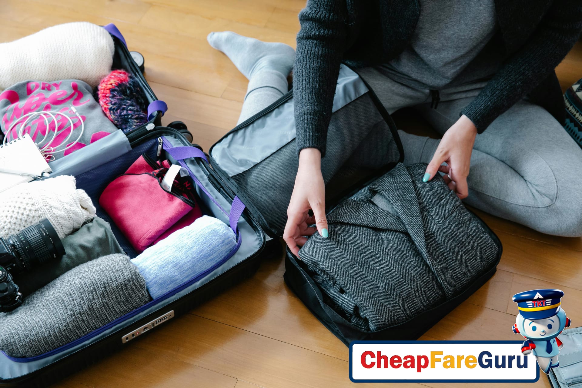 Suitcase organized with shoes and clothes packed smartly