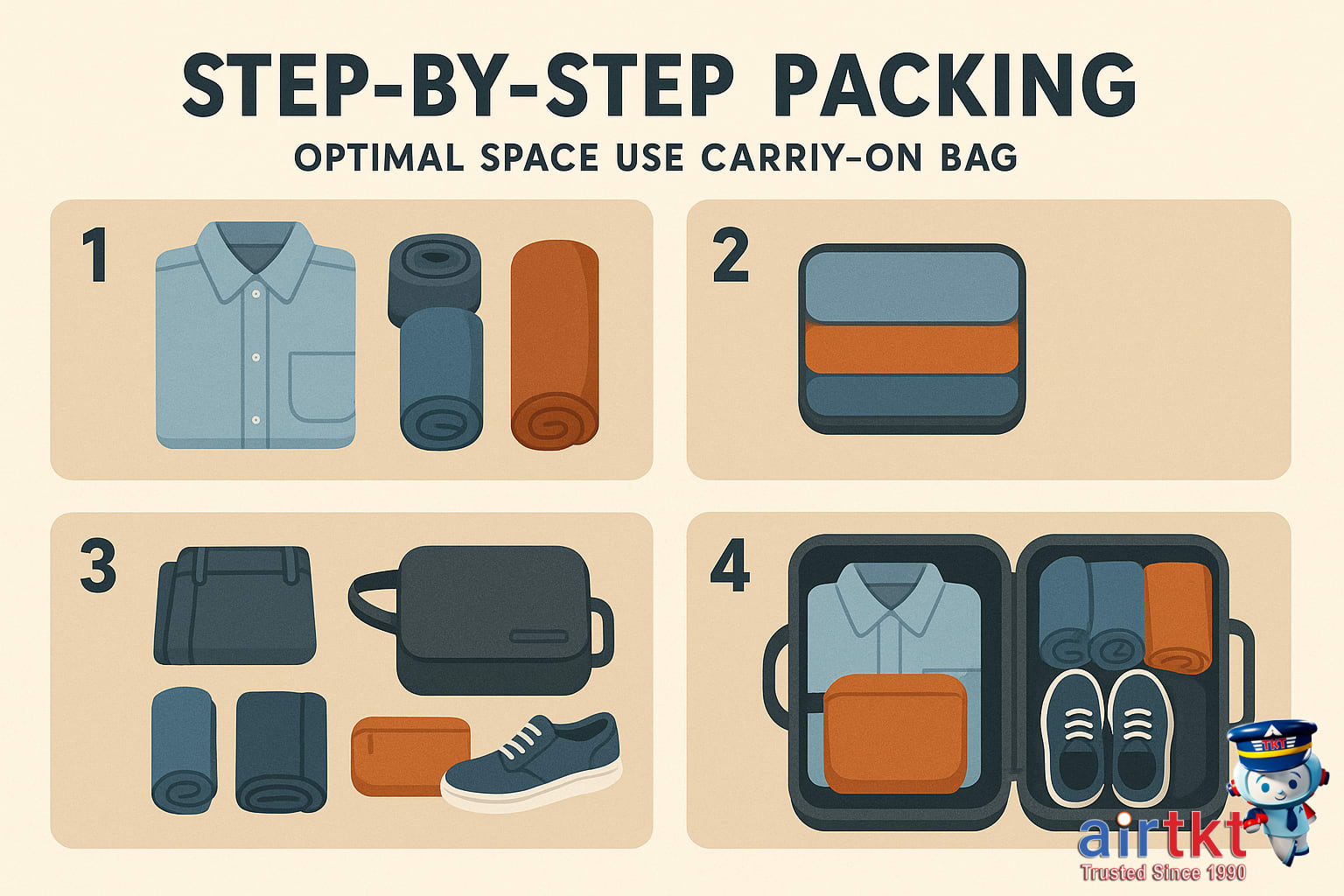 Packed carry-on bag with organized toiletries and clothes