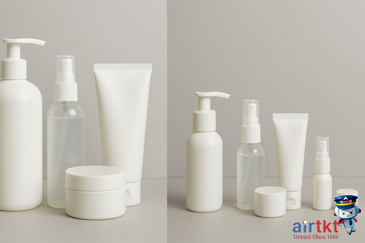 Travel toiletry bottles and containers neatly packed