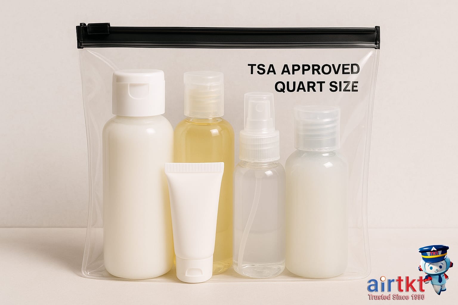 Clear quart-sized bag with toiletries for TSA security