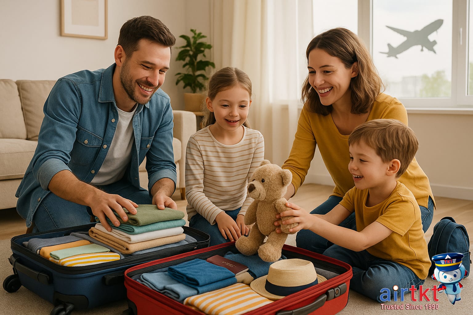 Family traveling through airport with children