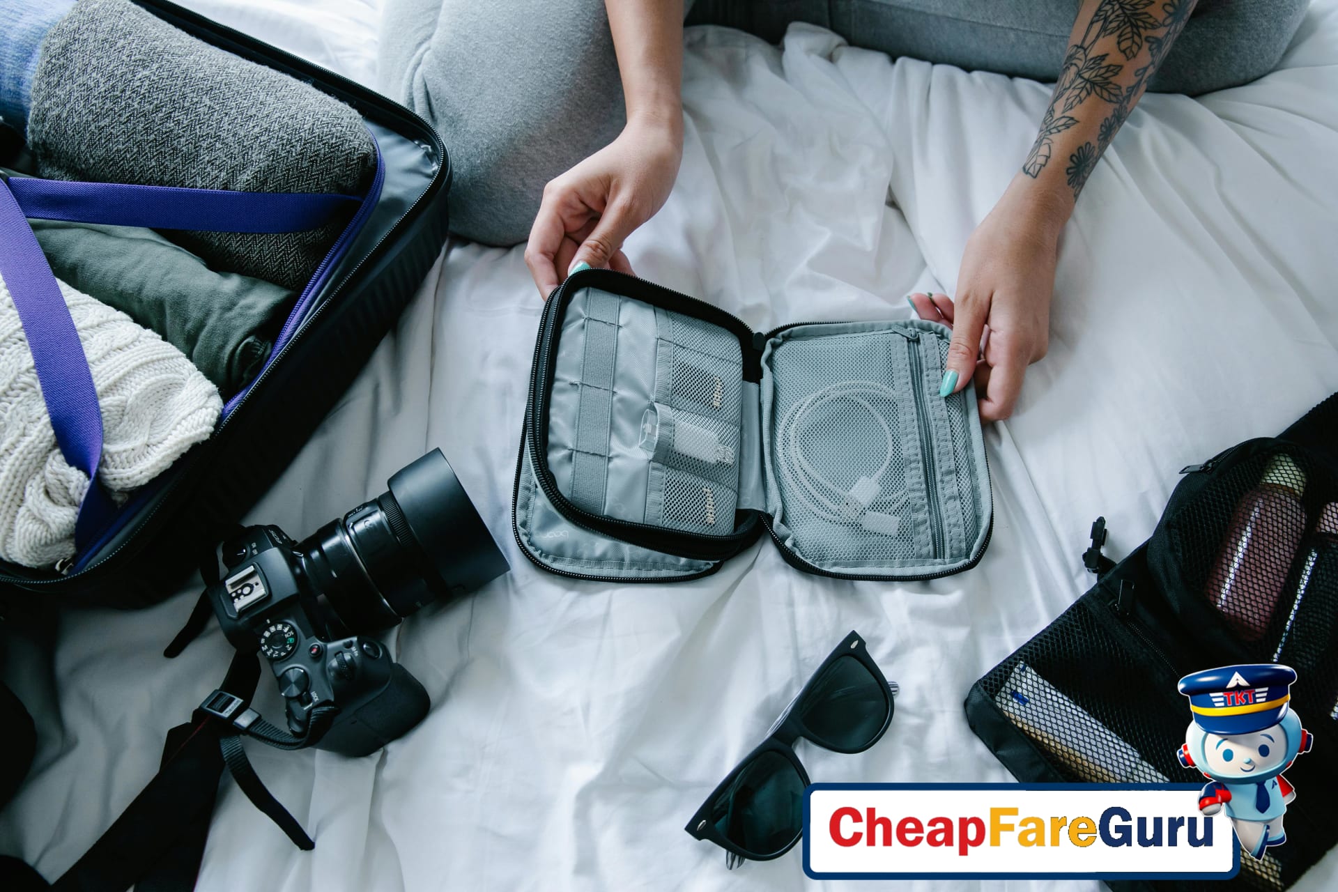 Traveler organizing cable weight in backpack for balanced travel comfort