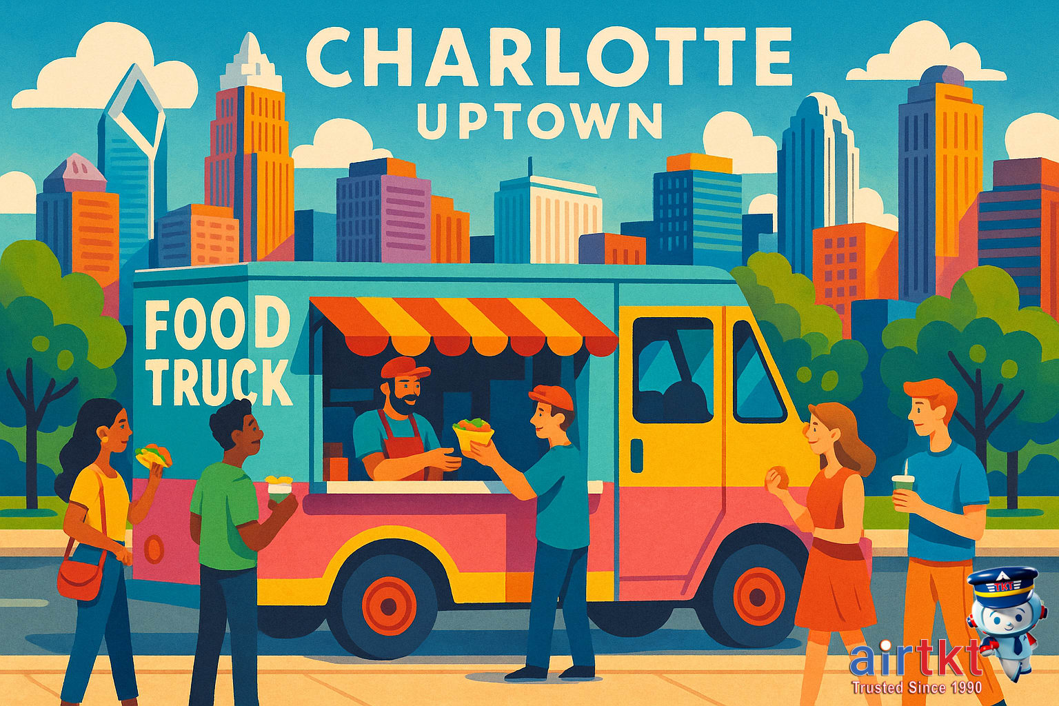 Colorful food truck scene and neighborhood street views in Charlotte