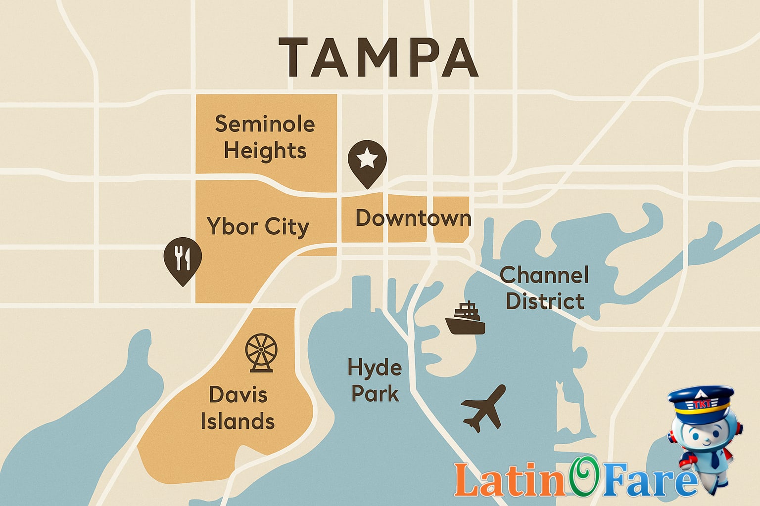 Vibrant street view in Tampa neighborhood with colorful buildings and street crowds