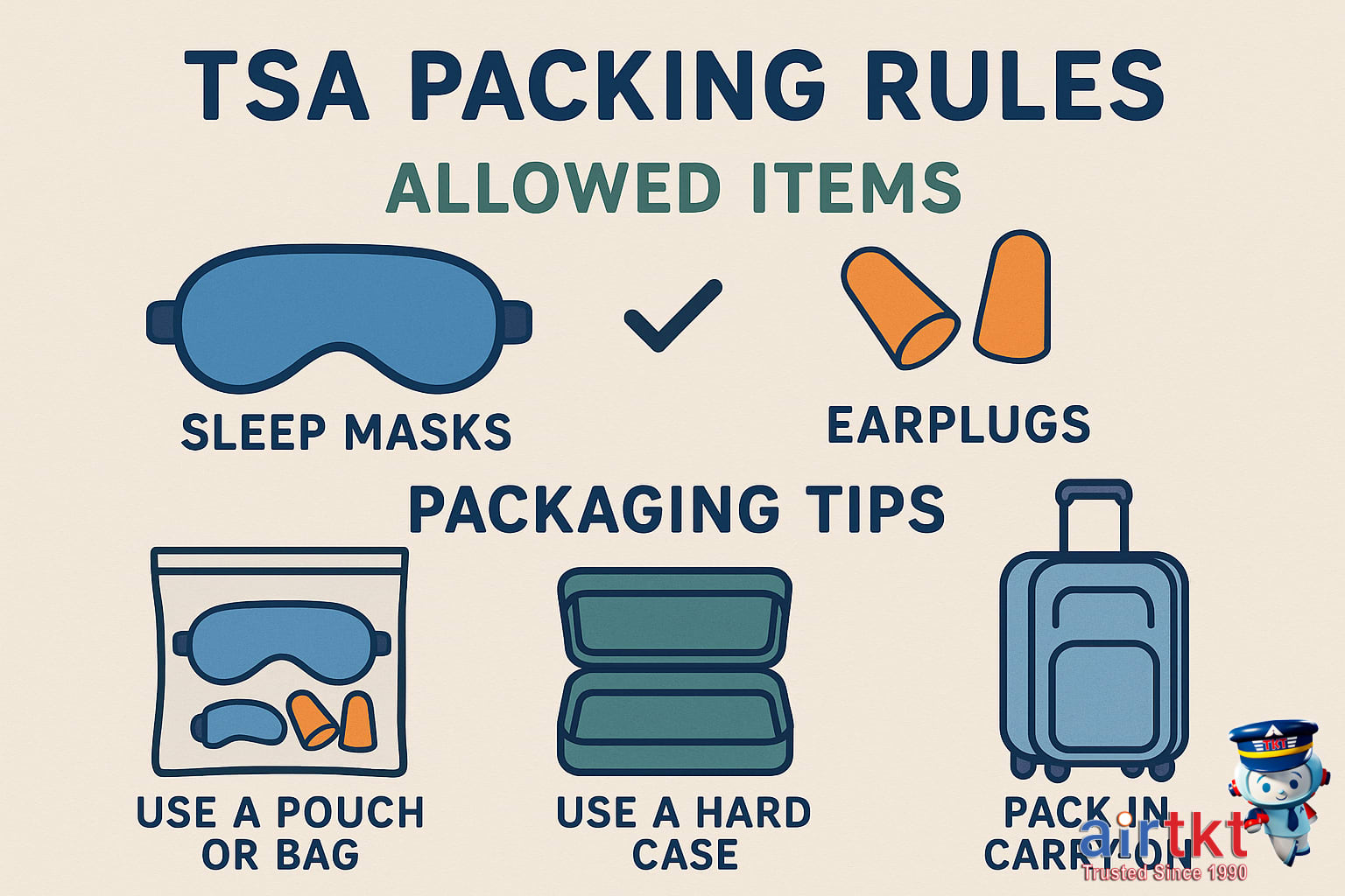 Travel accessories including sleep mask and earplugs arranged for TSA screening