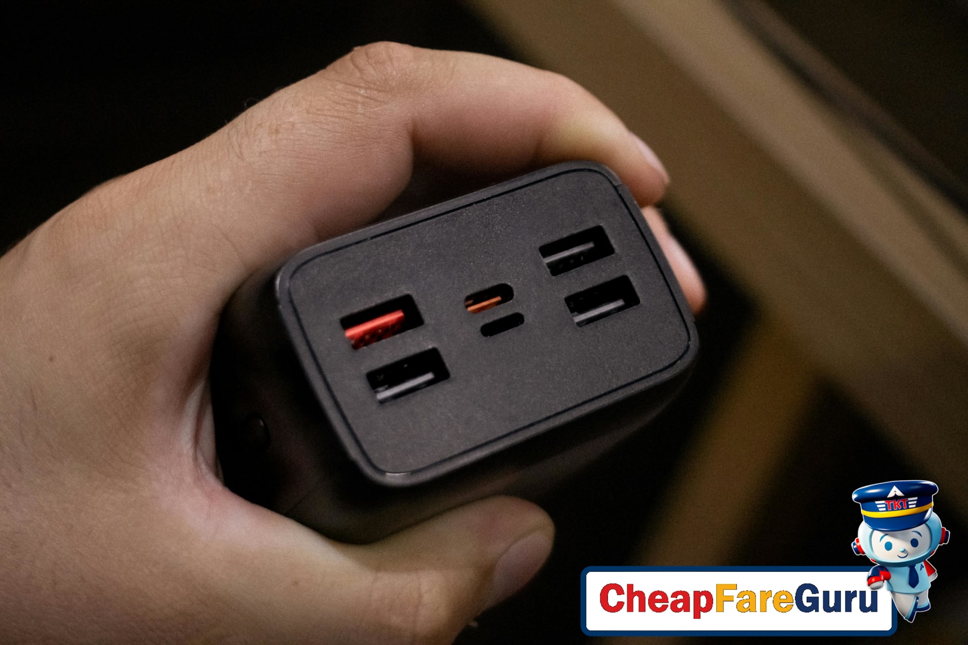 Portable charger and smartphone packed for travel