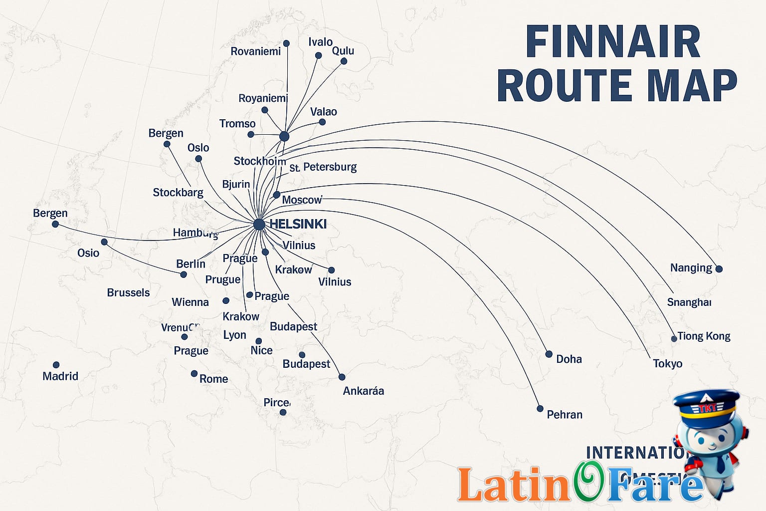 Finnair airplane in flight over Helsinki skyline