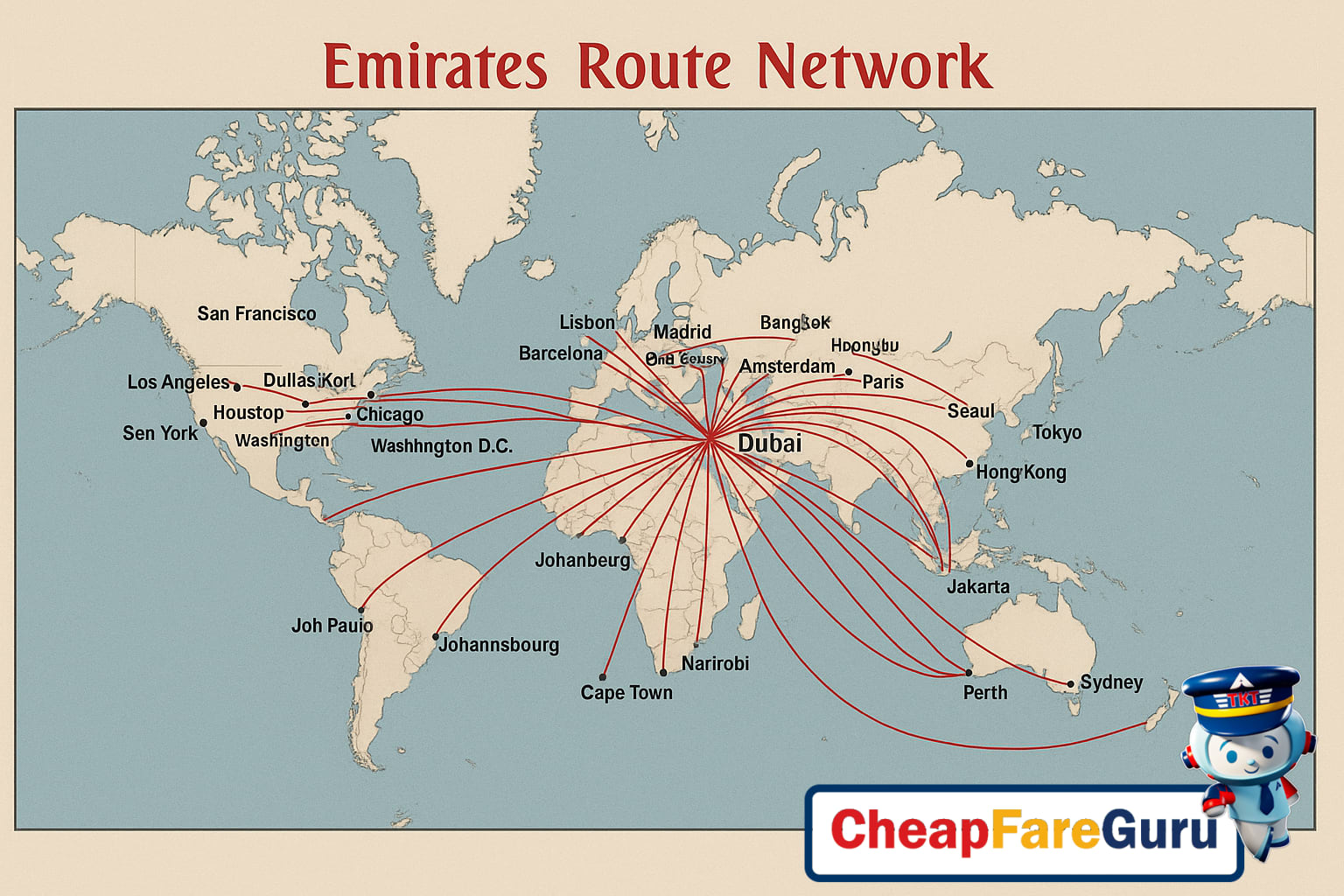Emirates airplane flying over the city with Dubai as hub
