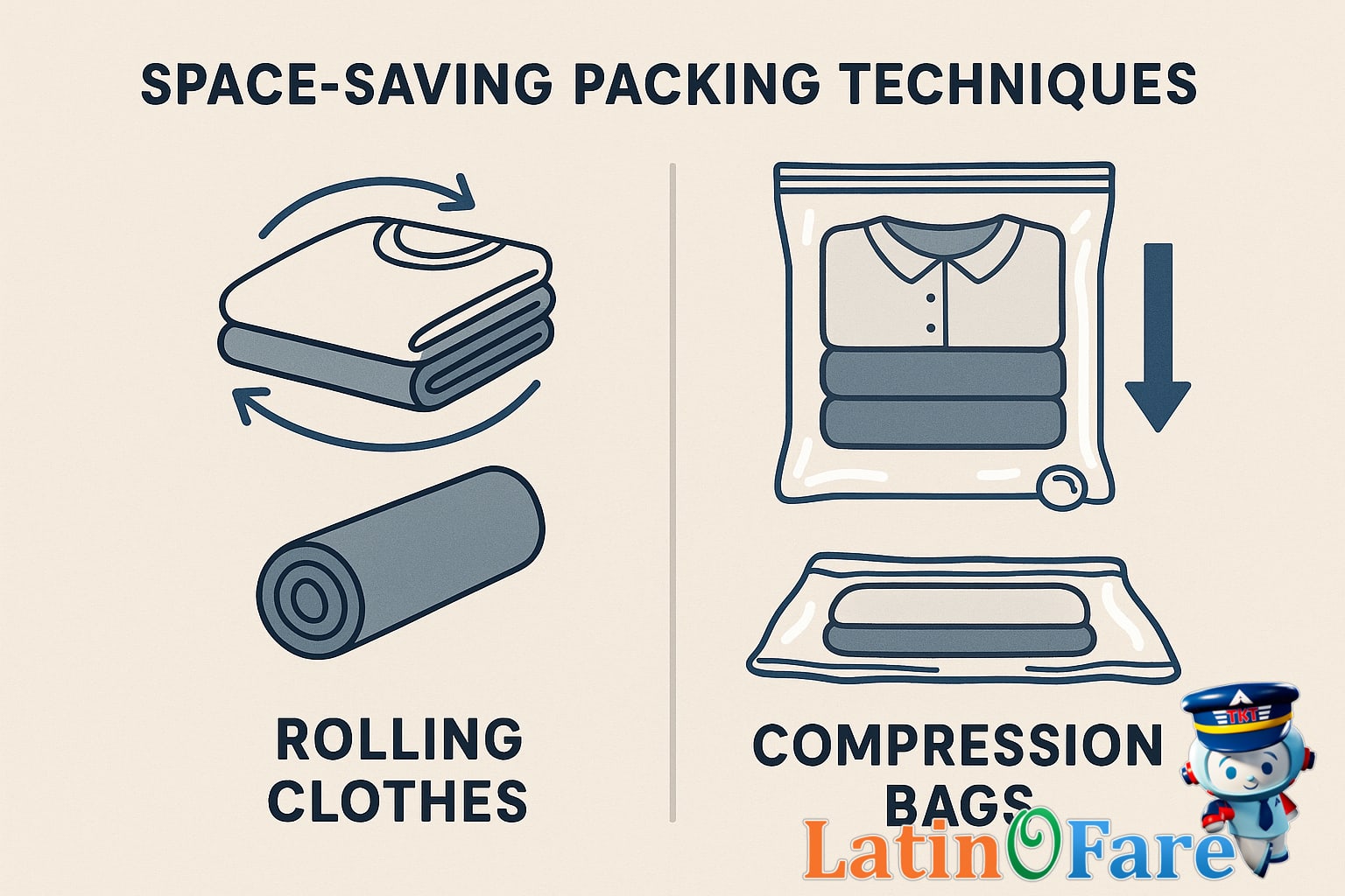 Rolling clothes, compression bags, and packing cubes for travel