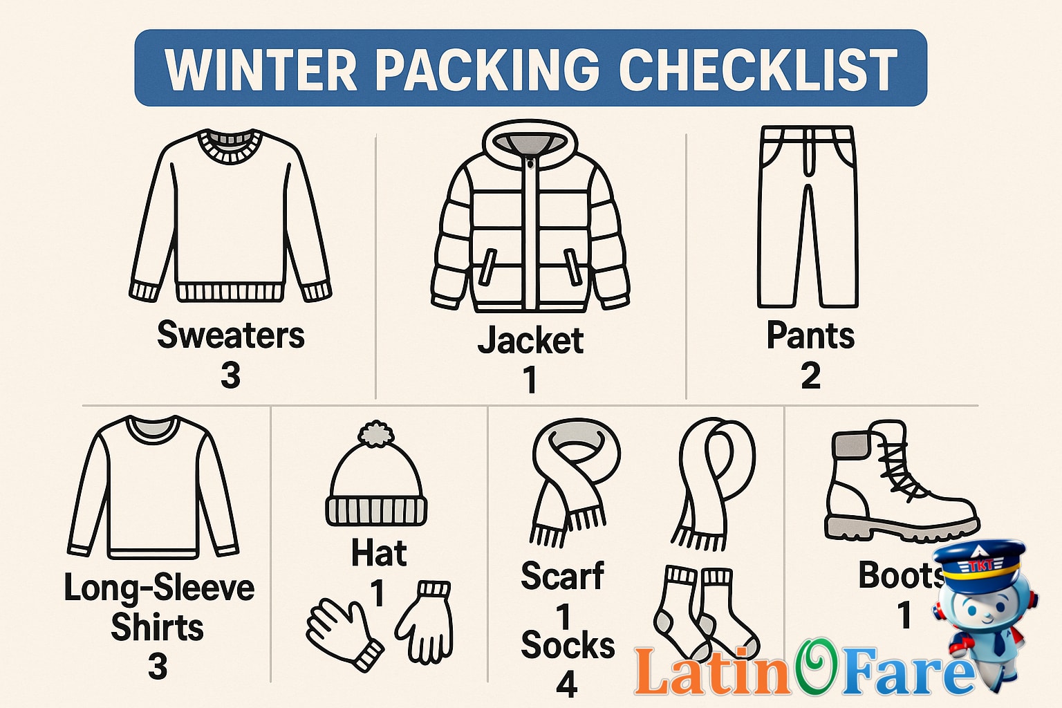 Winter clothing and accessories neatly packed for travel