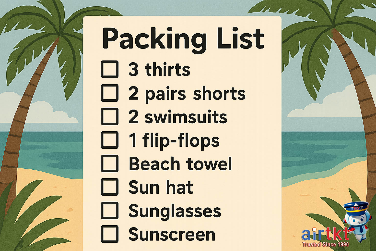 Essential tropical beach packing items neatly arranged