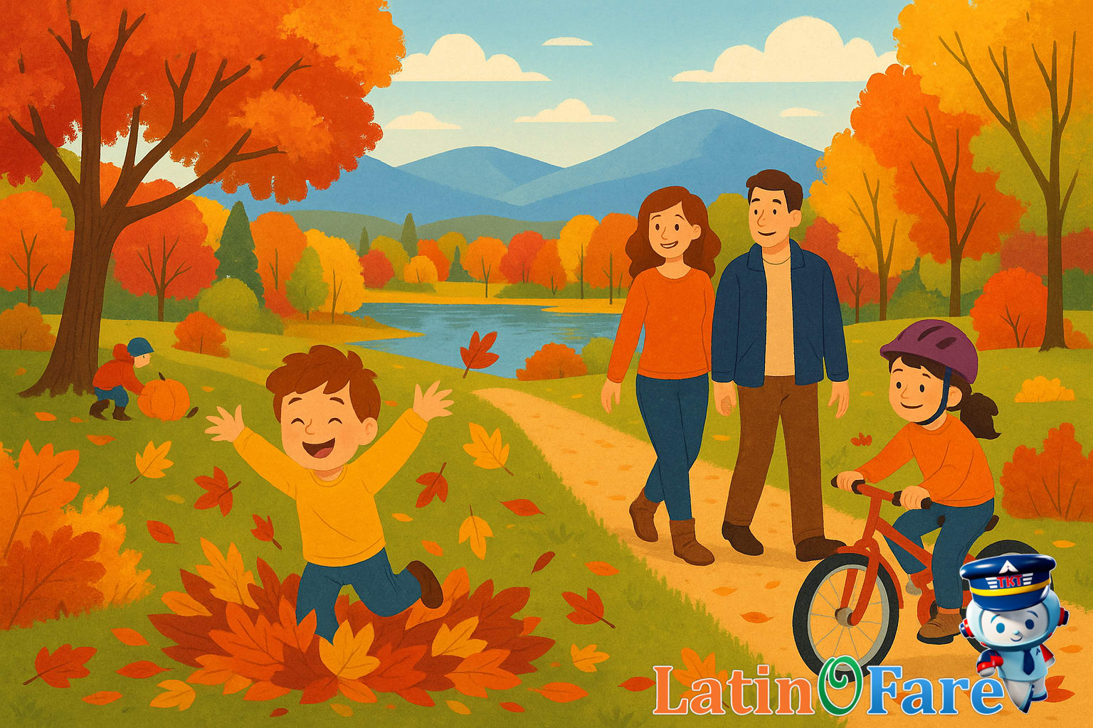 Family enjoying fall foliage during travel