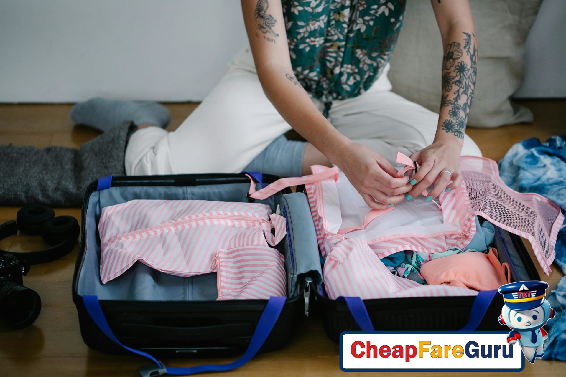 Child packing luggage with balanced weight distribution