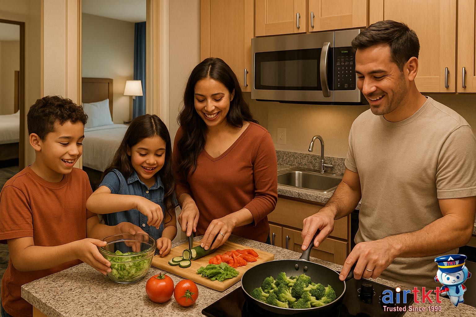 Family cooking together in a vacation rental kitchen