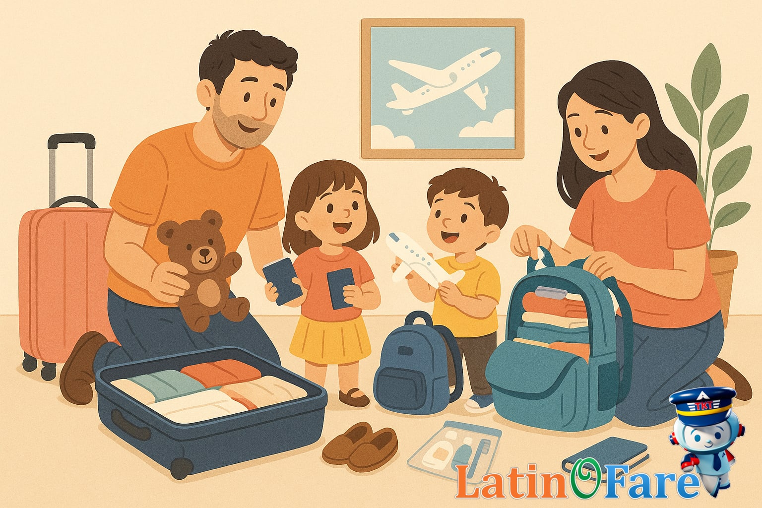 Family preparing to board a flight with children