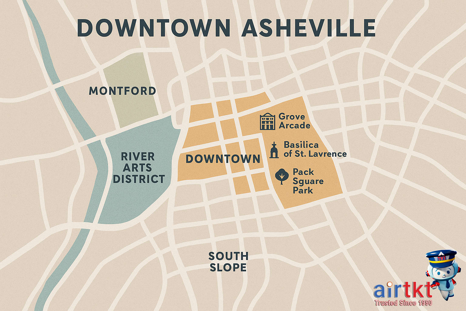 Map showing Asheville neighborhoods: Downtown, West Asheville, and River Arts District