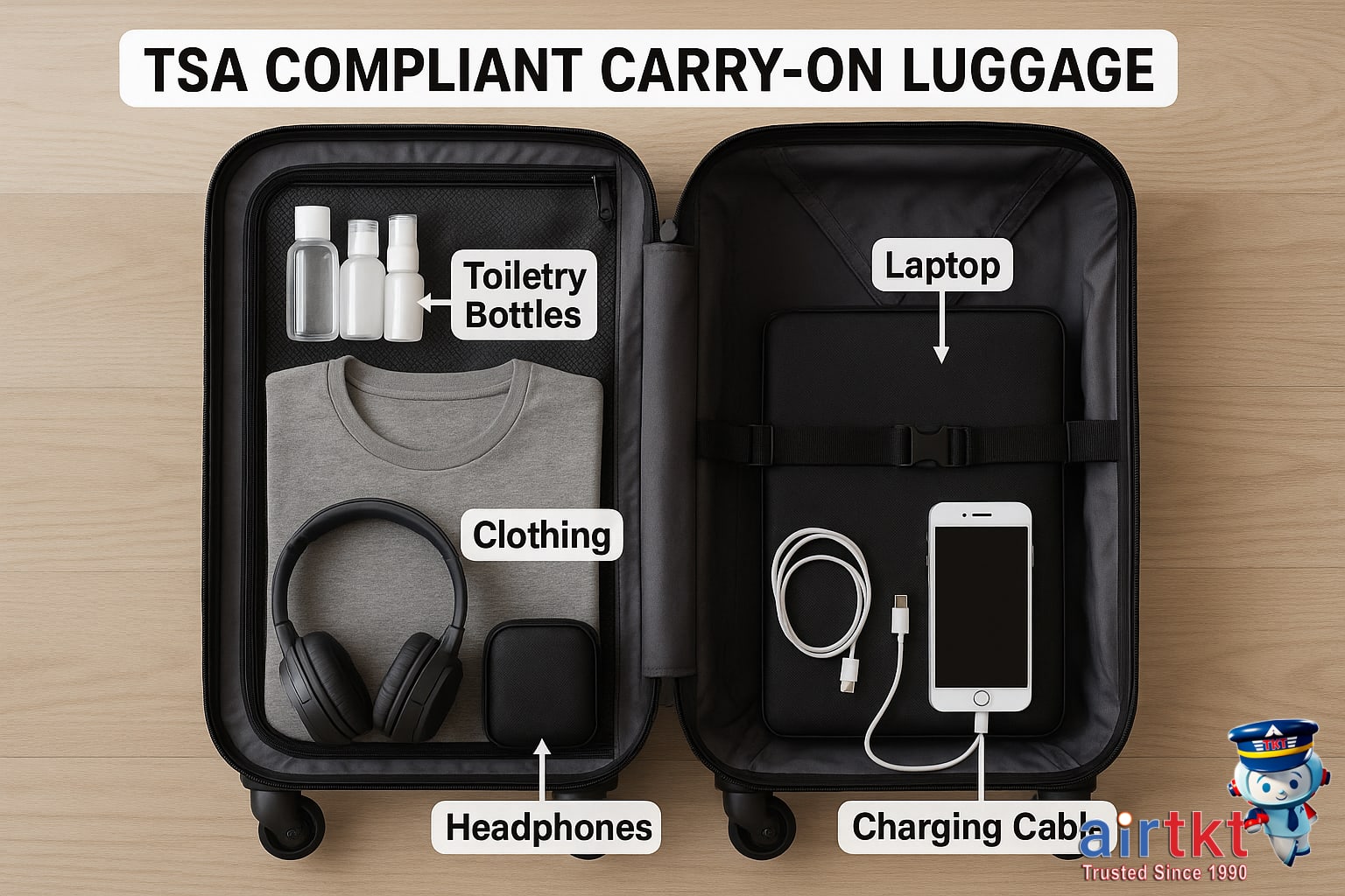 TSA compliant carry-on luggage with labeled allowable items
