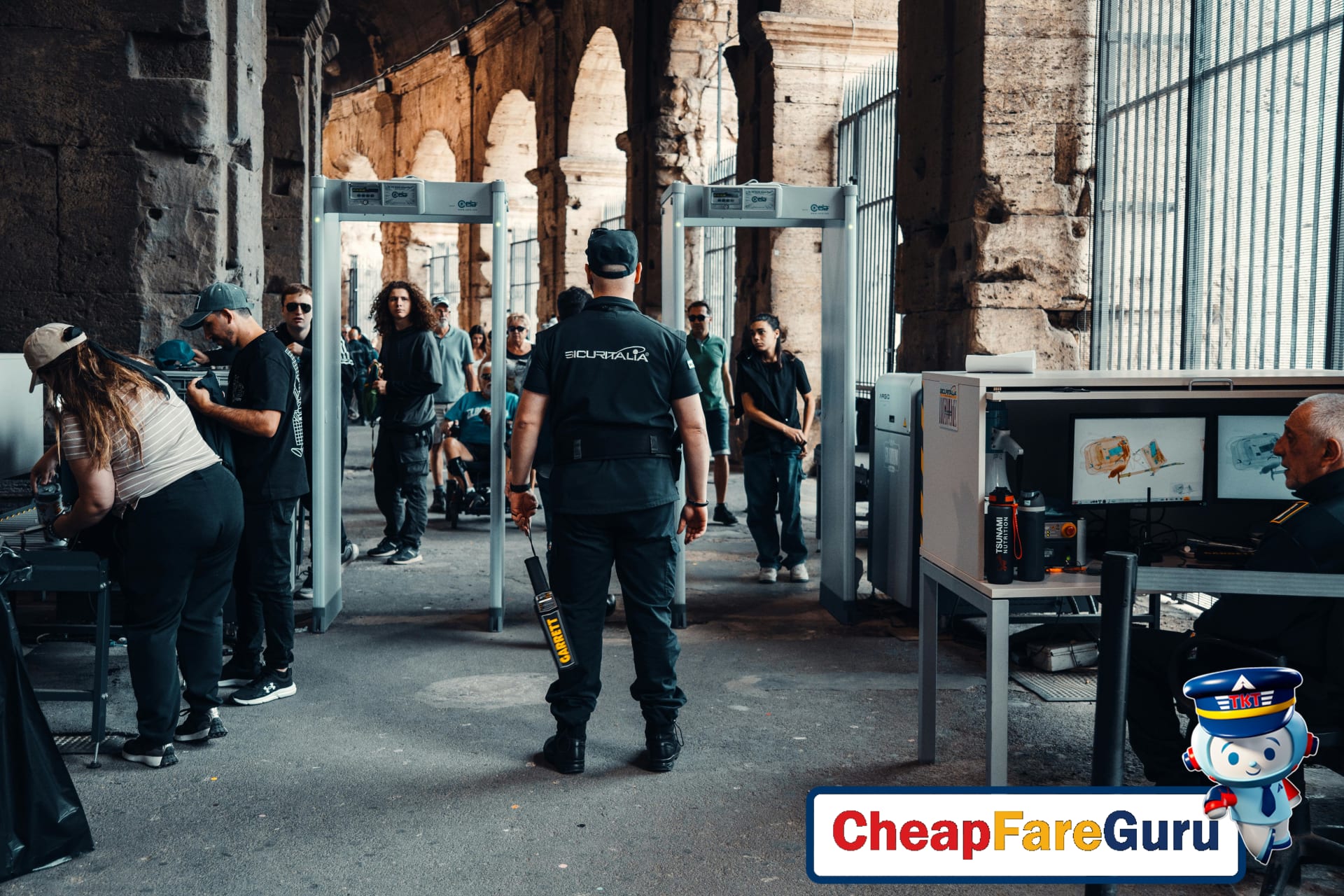 Traveler removing shoes at airport security checkpoint