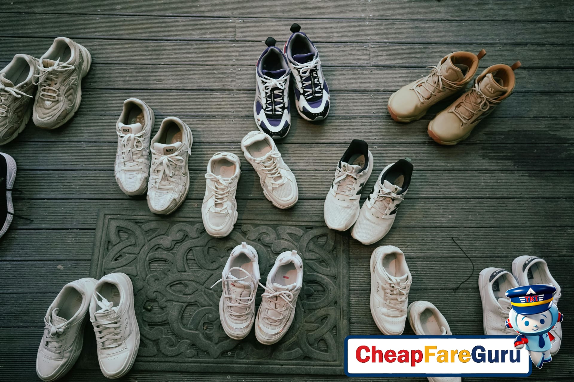 Assorted travel shoes suitable for walking and flying