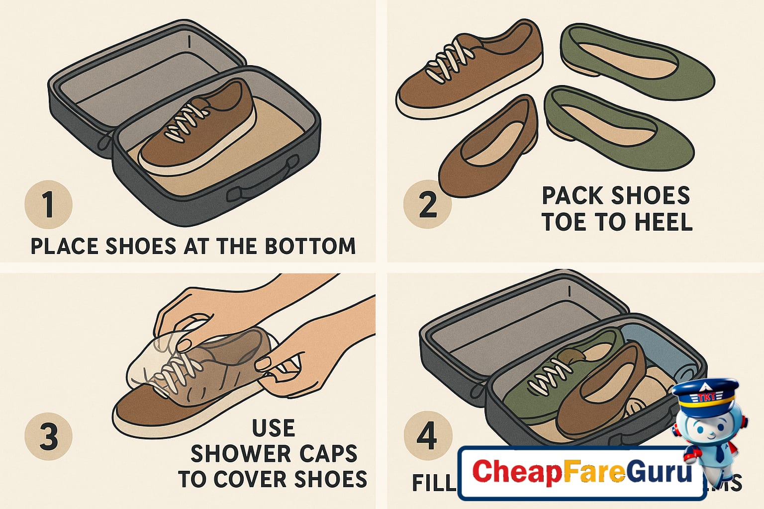 Packed shoes with shoe bags and accessories