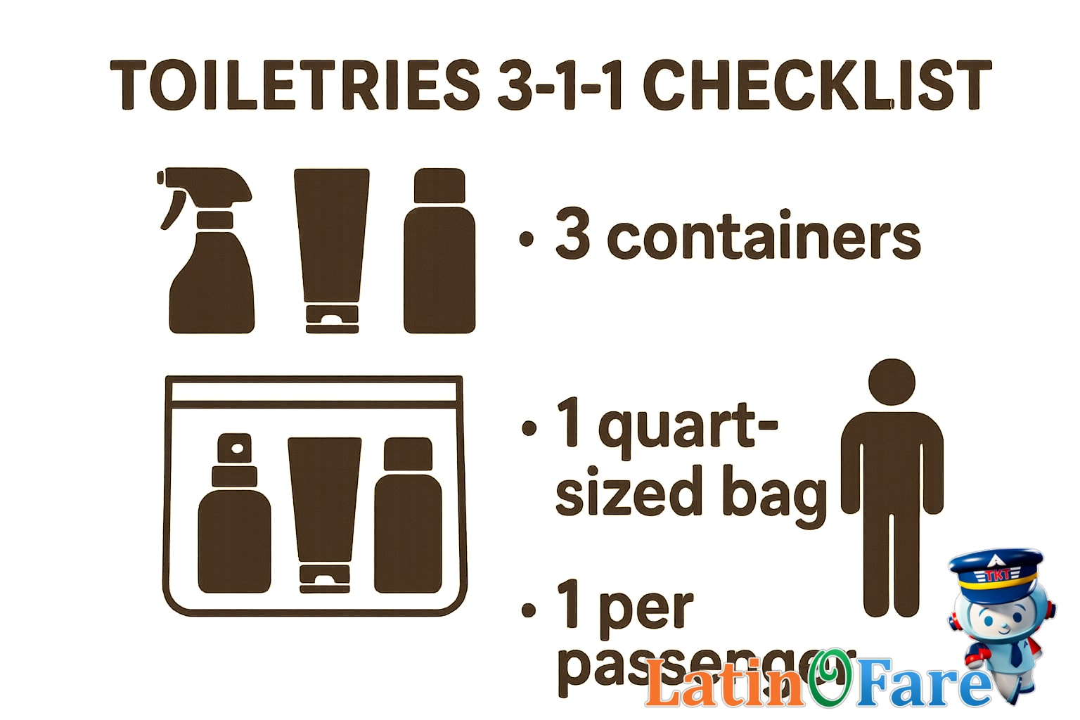 Travel toiletry items organized in a clear pouch complying with the 3-1-1 rule