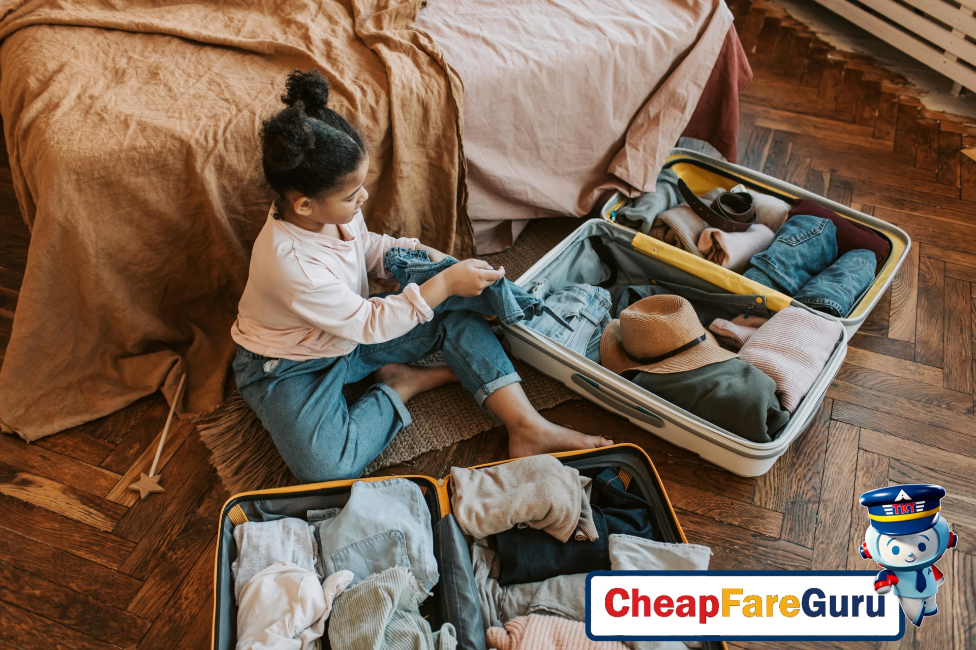 Family traveling through airport with children
