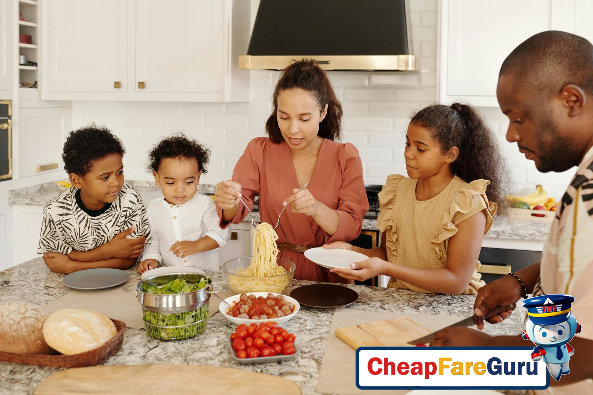 Family enjoying meal in vacation rental kitchen