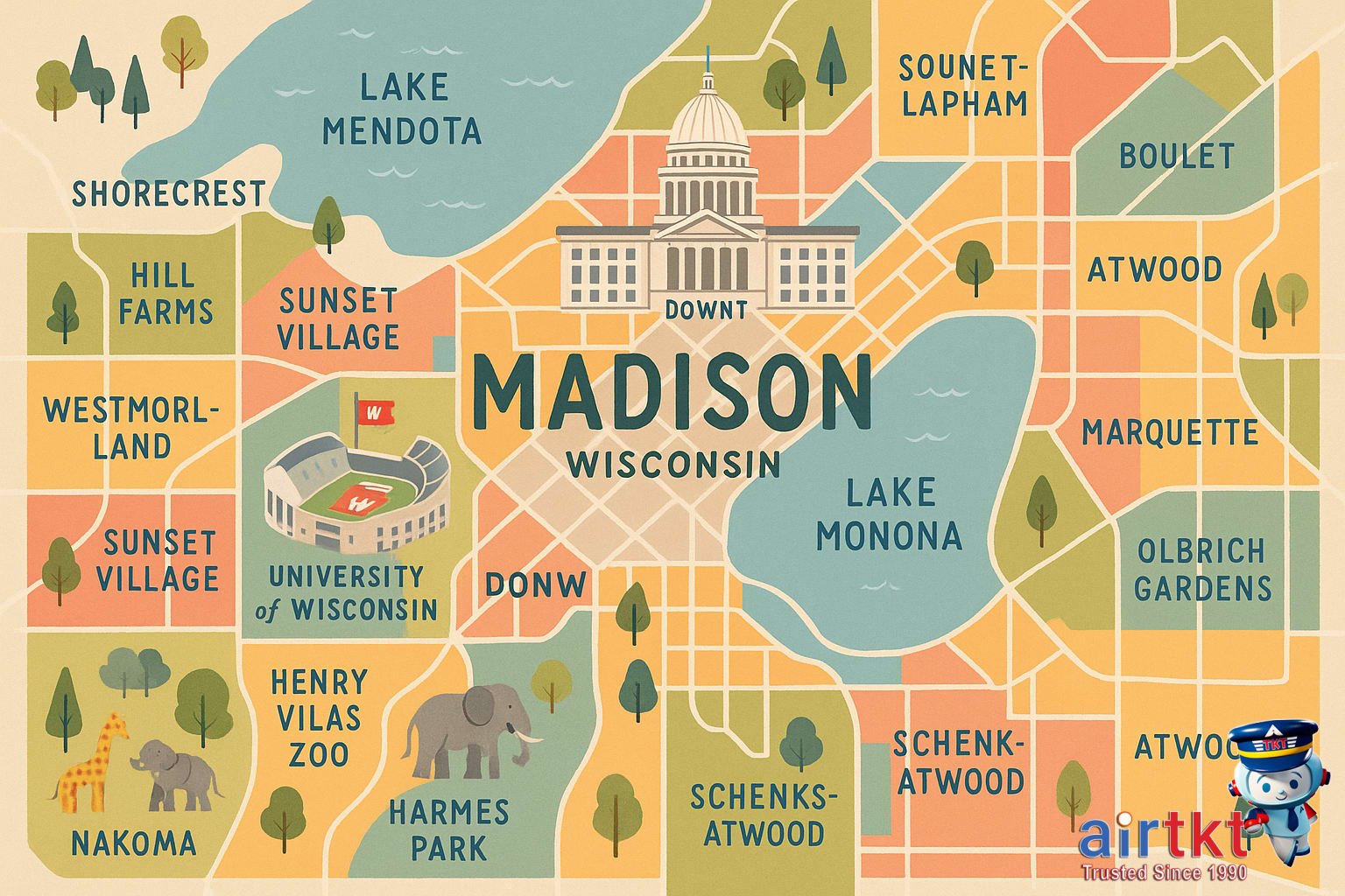 Illustrated map of Madison neighborhoods and major attractions