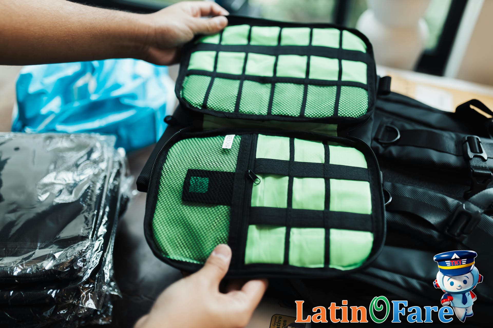 Packed suitcase with clothing and travel supplies