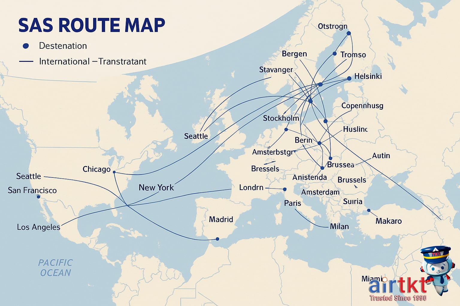 SAS Route Network Map Highlighting Major Hubs and Flight Paths