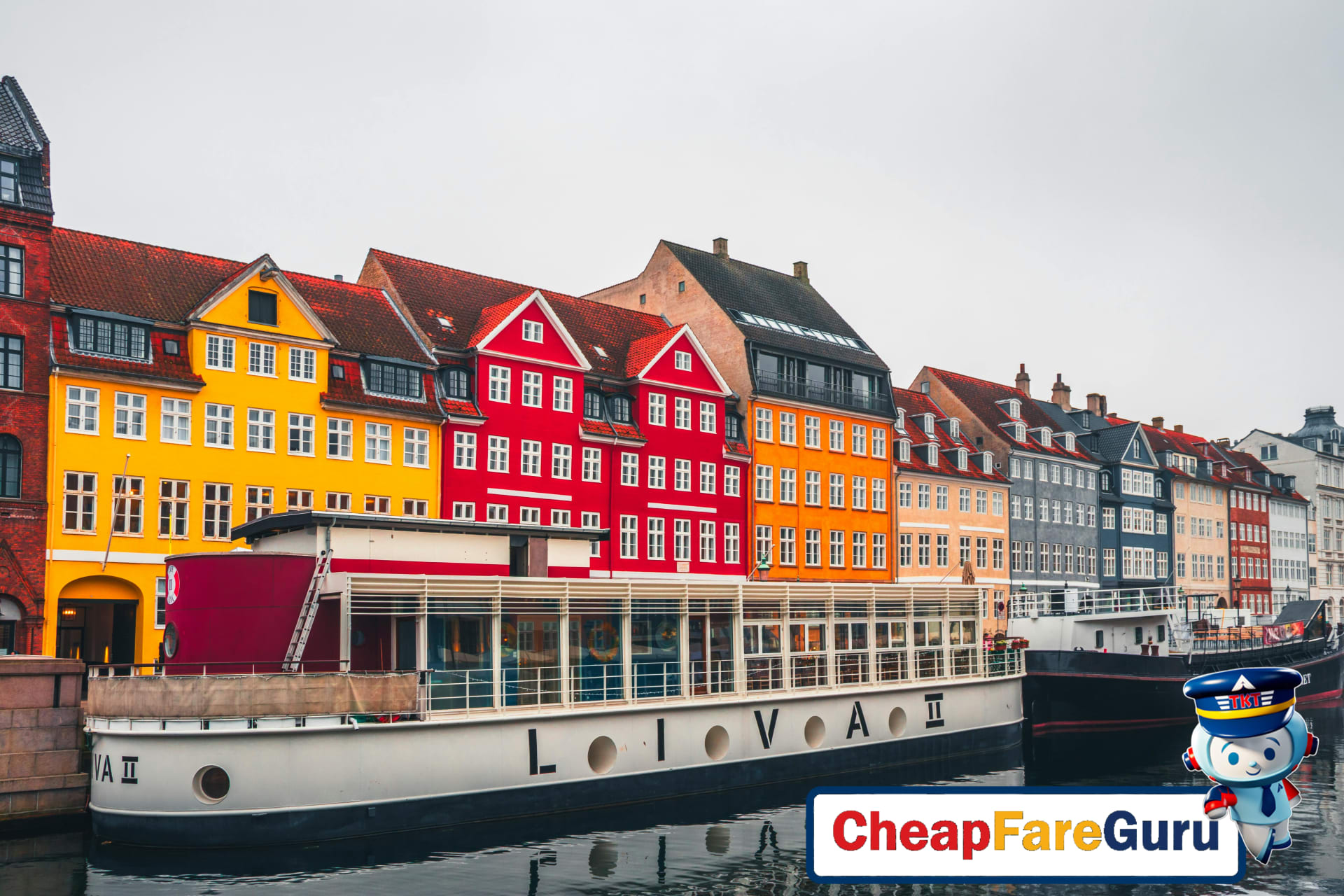 Scenic view of Copenhagen's waterfront with historic buildings and modern boats