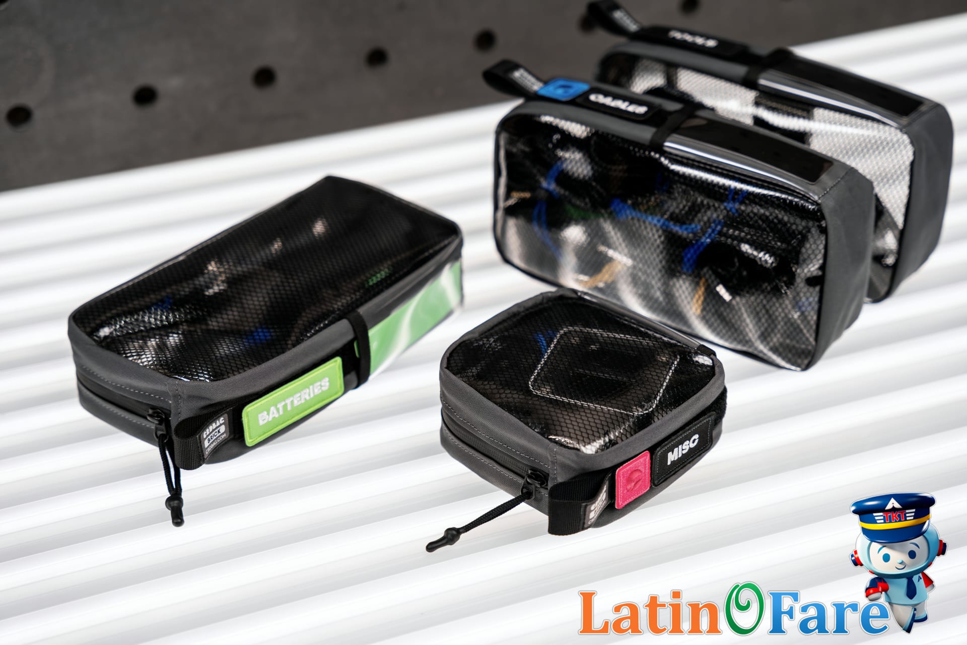 Travel camera gear laid out on a table