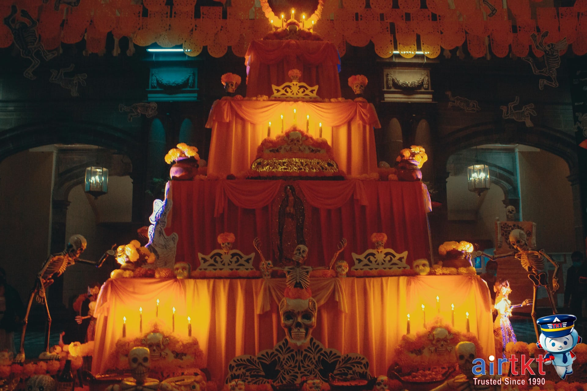 Dia de Muertos altar with marigolds and sugar skulls