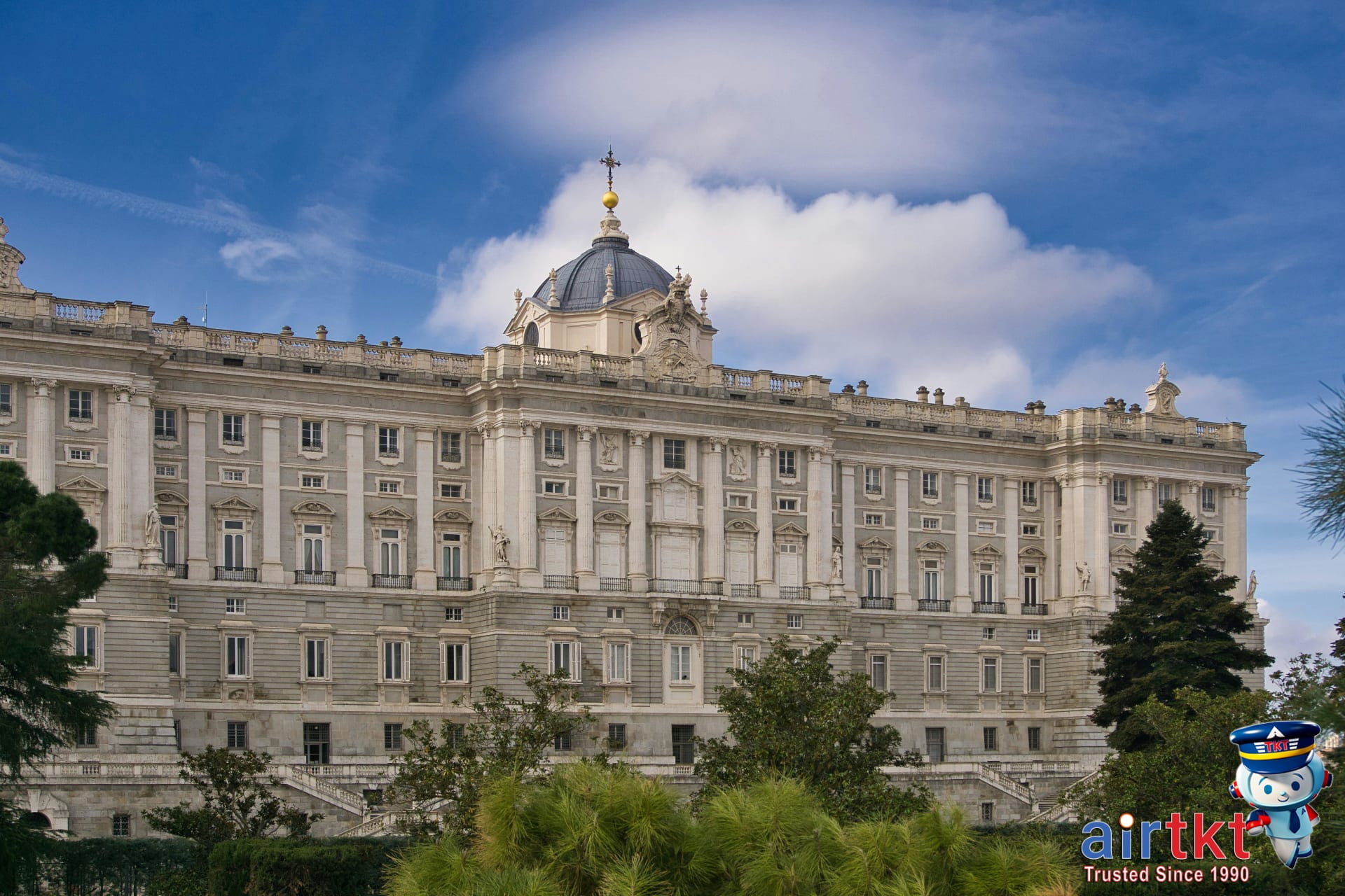 Grand architecture and garden view of the Royal Palace in Madrid