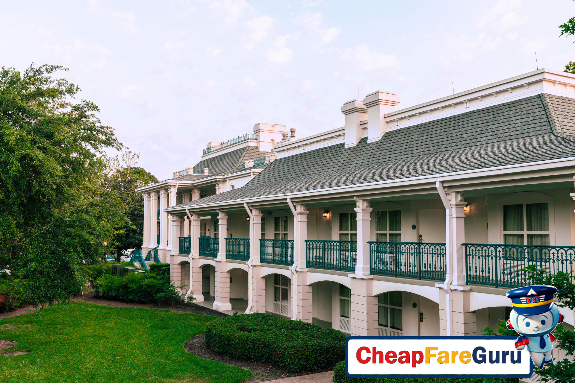 New Orleans hotel street with Mardi Gras decorations