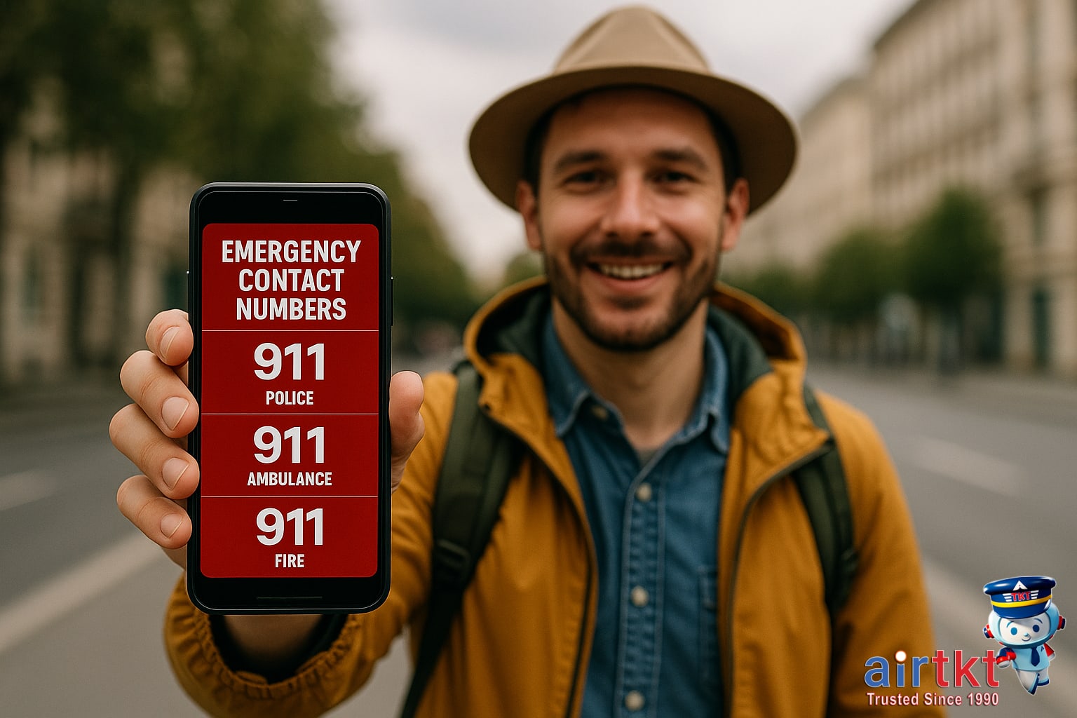 Traveler using phone for emergency contacts