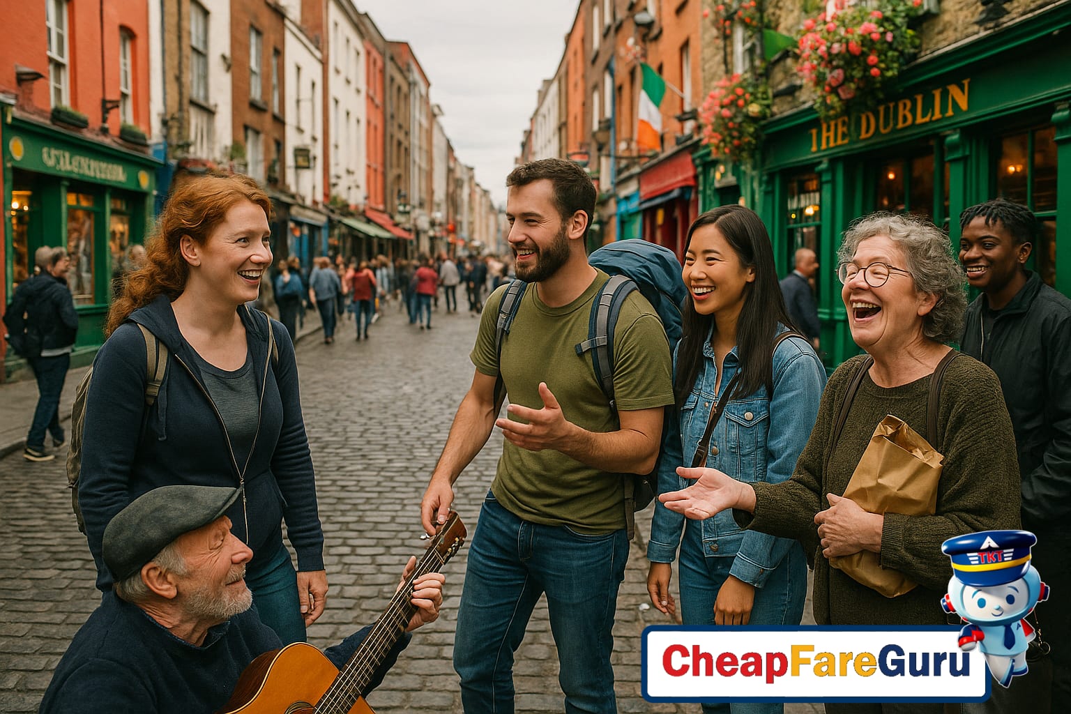 Dublin street scene with locals and travelers interacting