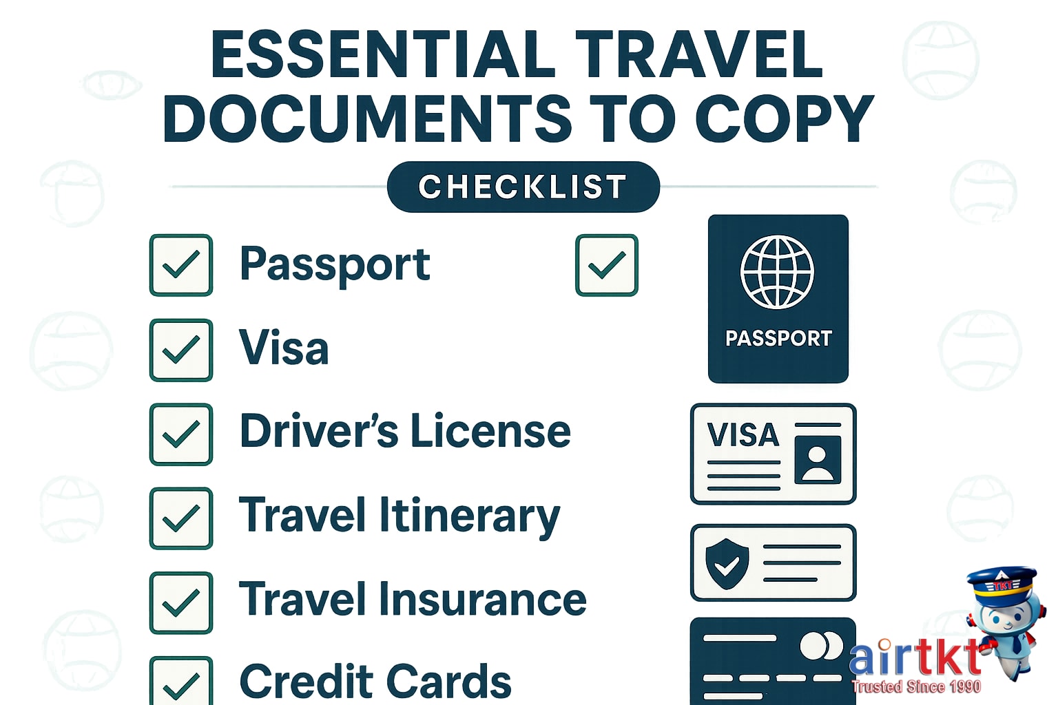 Travel documents organized securely in travel gear
