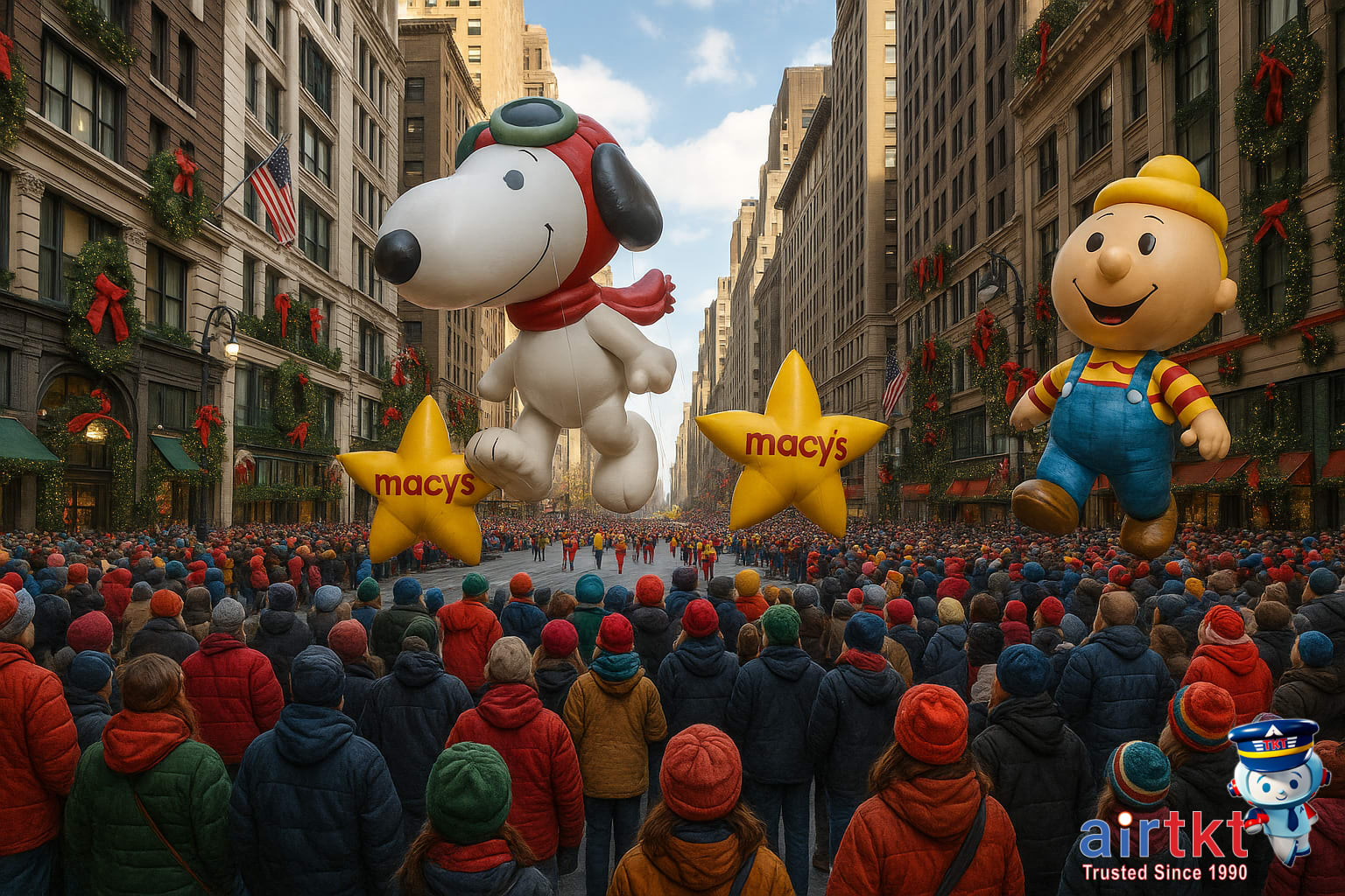 Macy’s Thanksgiving Day Parade balloons floating over New York City