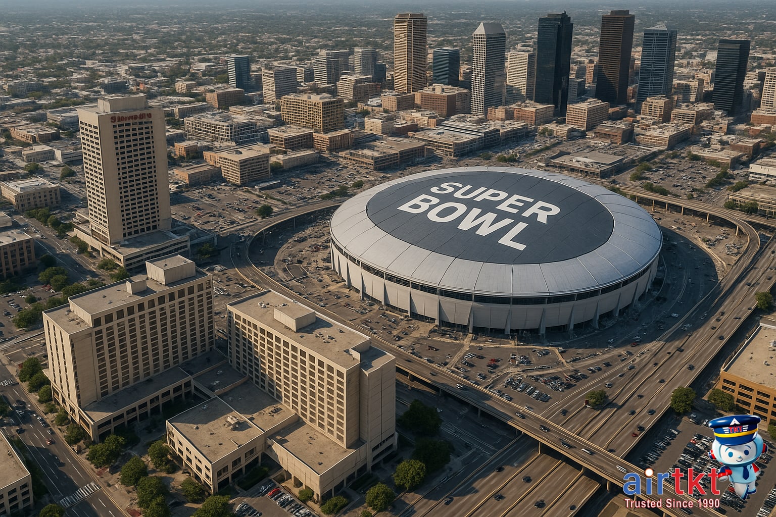 Aerial city view with stadium and hotels