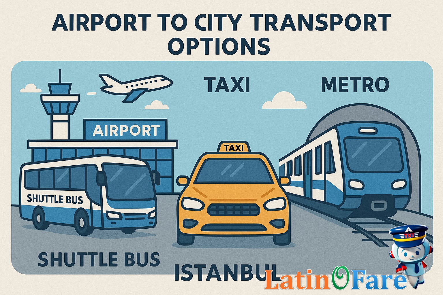 Airport to city transport options shuttle bus taxi metro illustration