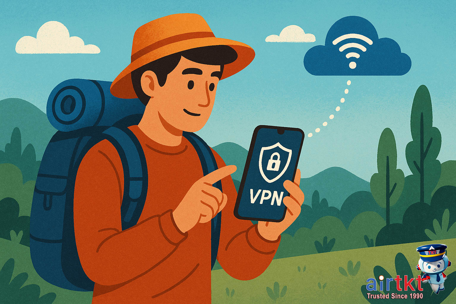 Traveler using VPN on laptop at airport