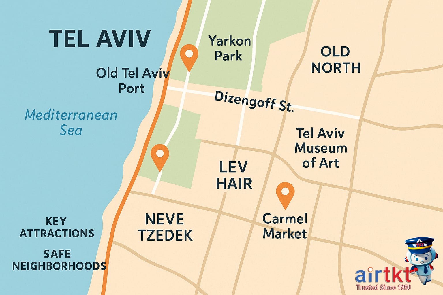 Safe neighborhoods in Tel Aviv with streetscape and lights